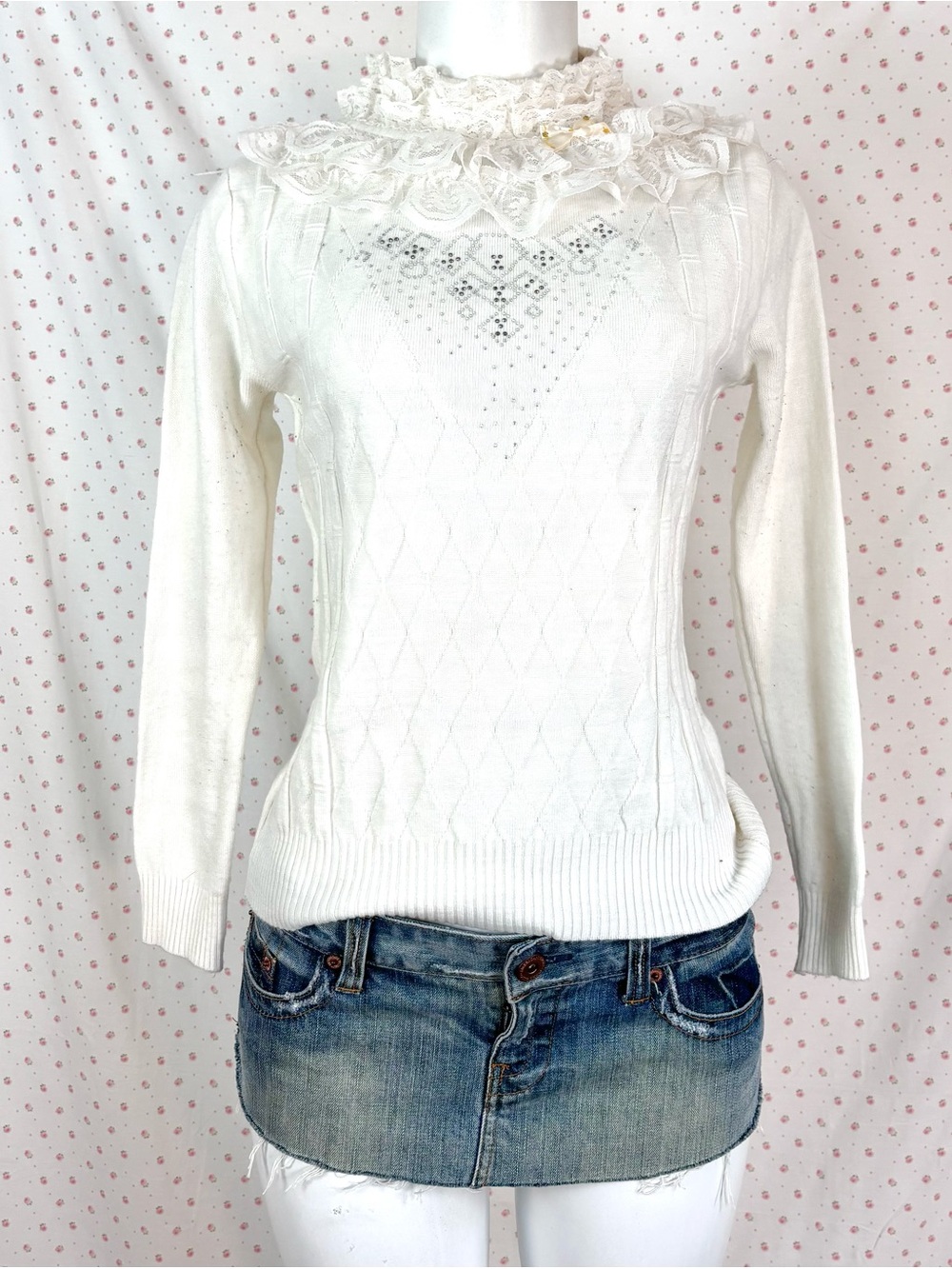 White Lace-Trim Diamond Knit Sweater Top